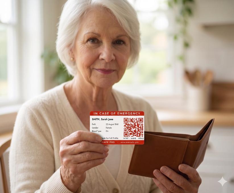 An older woman holds her EverSafe Pro ICE card beside her open wallet