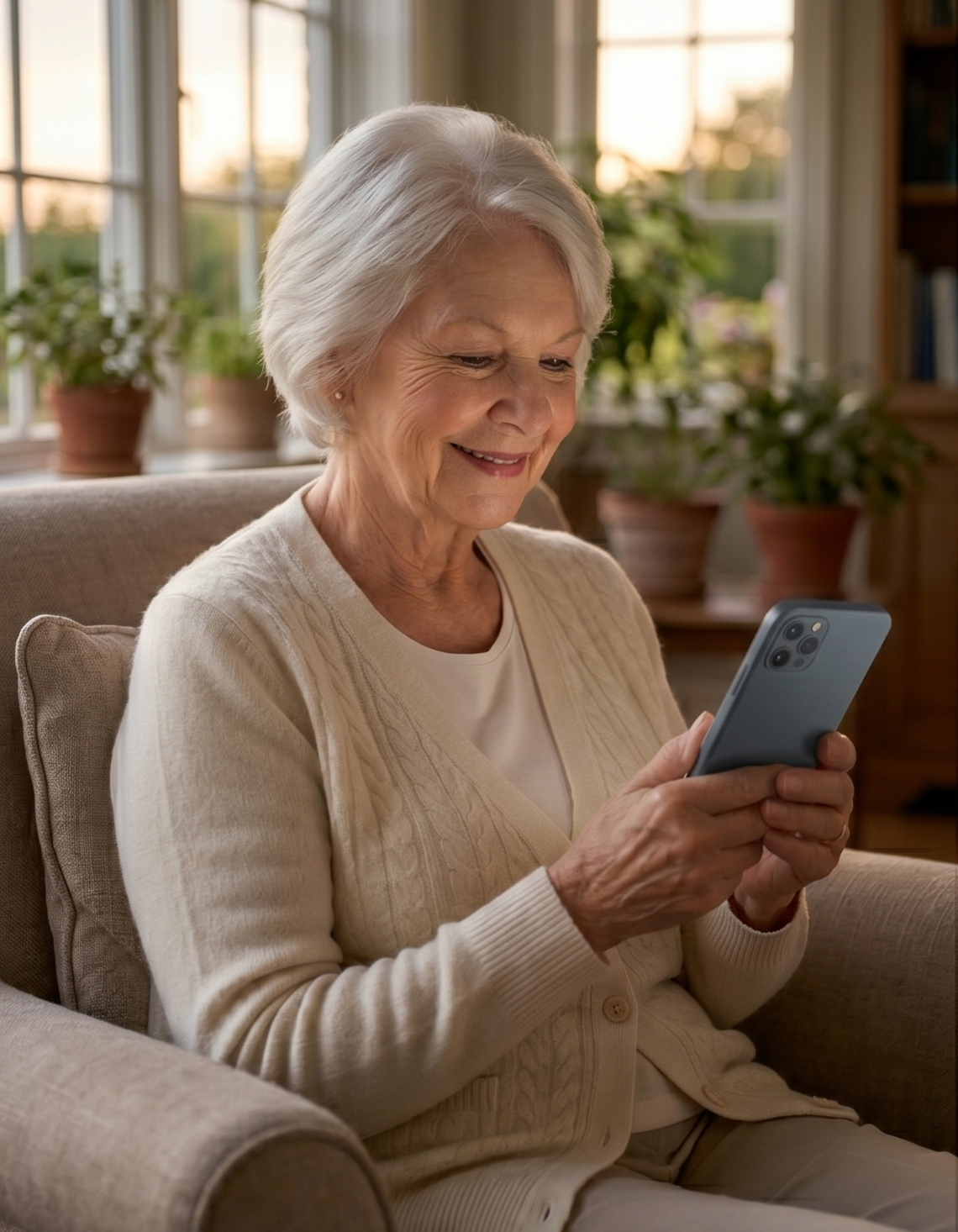 An older woman smiles at her phone during the daily check-in