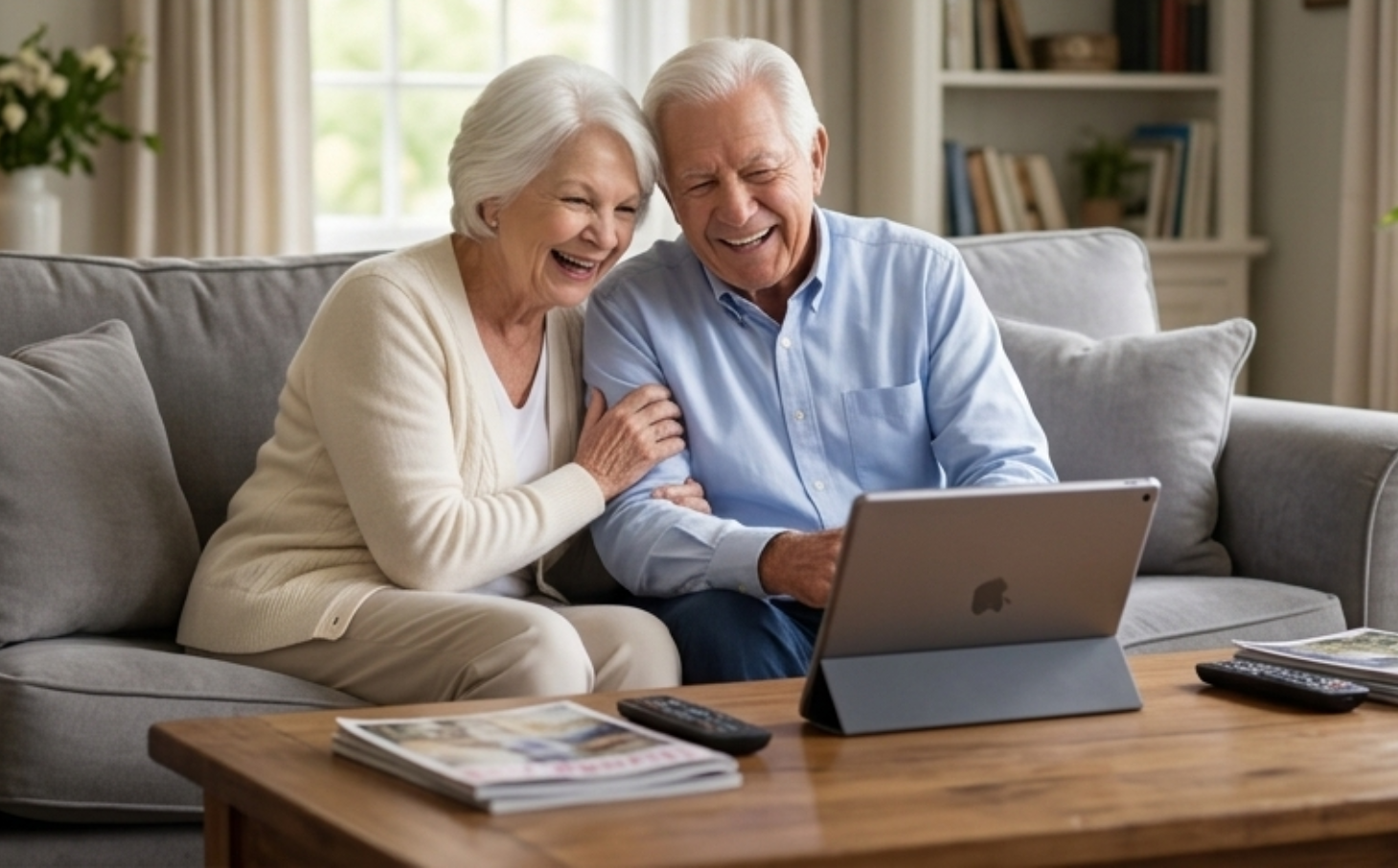 An older couple laugh together on a video call from the tablet