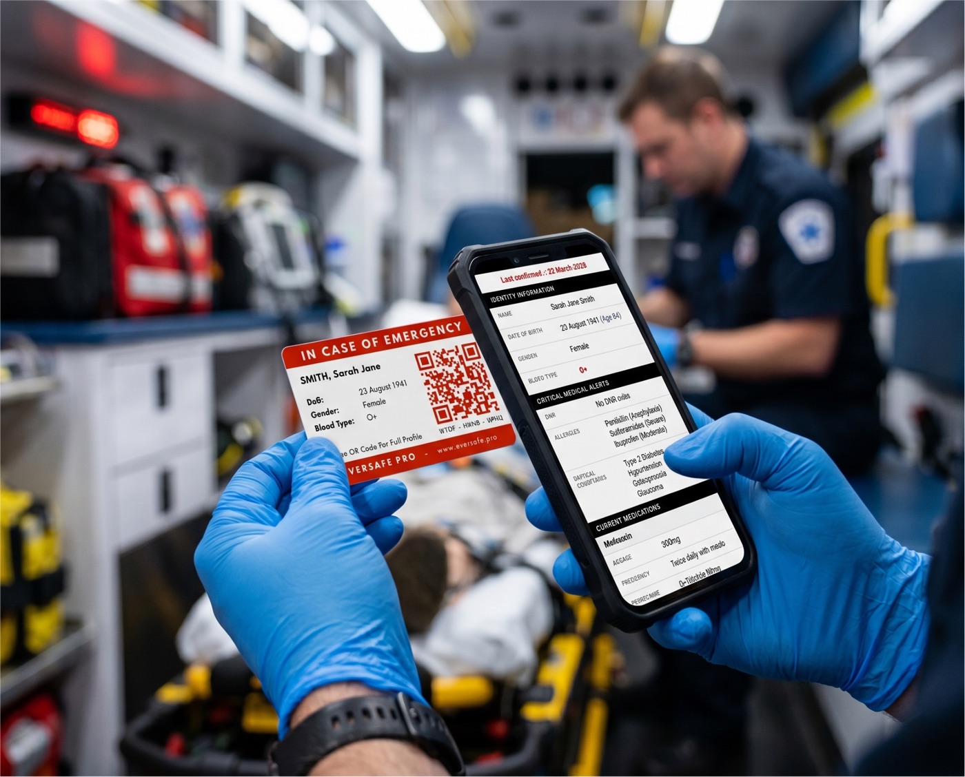 A paramedic scans an EverSafe Pro ICE card and instantly sees the full medical profile