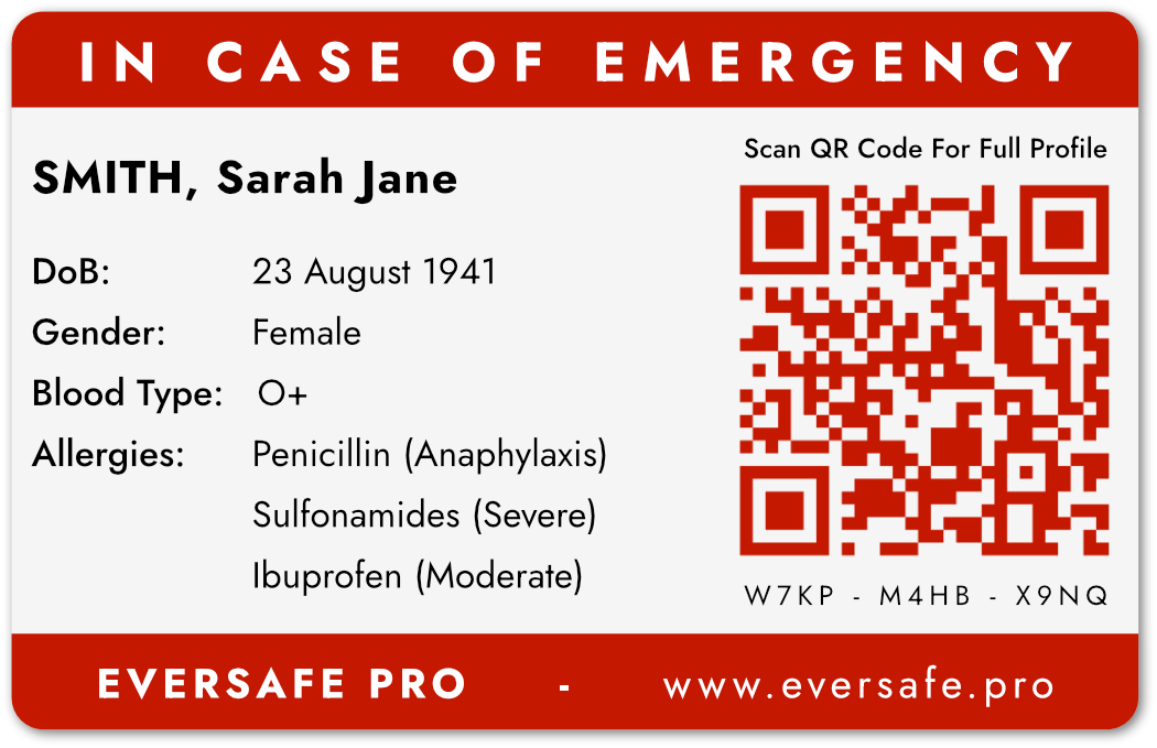 EverSafe Pro ICE card — front, Sarah Jane Smith