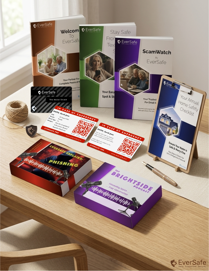 The EverSafe Pro library — Welcome and ScamWatch guides, ICE cards and podcast box sets